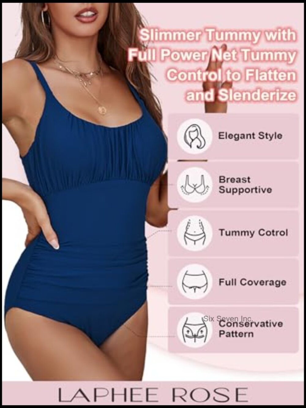 Tummy Control Ruched One Piece Swimsuit Adjustable Straps - Picture 5 of 7